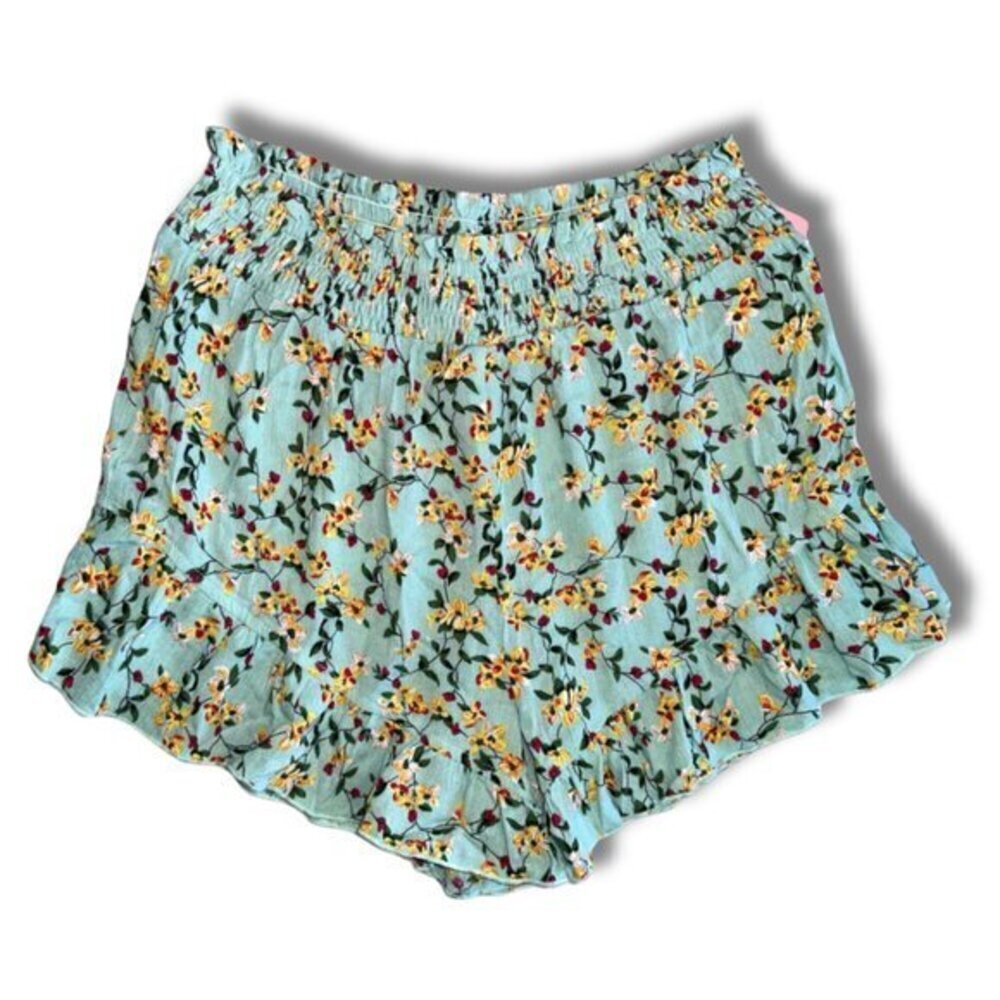 Mint Green Yellow Flowers Floral Ruffle Linen Shorts - Picture 3 of 11